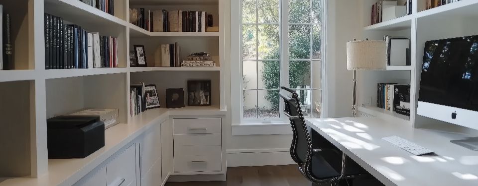 Inside of a home office, featuring a desk, bookshelves, and window.